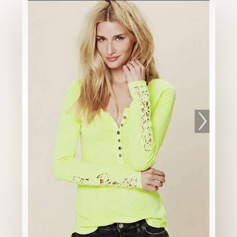 Free People Women Our Song Henley Cuff Long-Sleeve Shirt Size Xsmall Neon Yellow